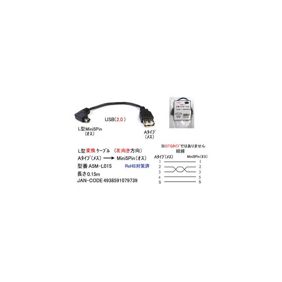 USB2.0 L型 変換ケーブル タイプA メス → Mini5Pin オス L型 左方向 15cm UC-A5M-L015