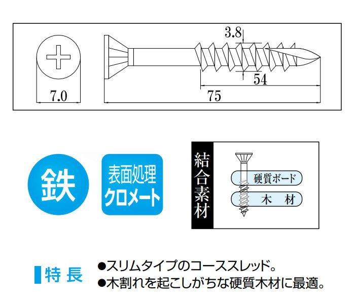 木ビス 木ネジ ライトビス スリムビス 徳用箱 径3.8×75mm 半ネジタイプ 1箱520本入り×6箱入り/1ケース単位 クロメート 現場 金物 木工事 大工 家具 リフォーム DIY に 2