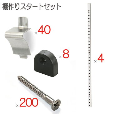 棚柱 棚受け 取付ビス エンドキャップ ブラック 黒 ステンレス セット品 棚作りスタートセット品 棚柱4本 棚受け金具40個 取付ビス200本 エンドキャップ黒8個 おしゃれ 棚作り クローゼット 本棚 ガレージ 押し入れ DIY