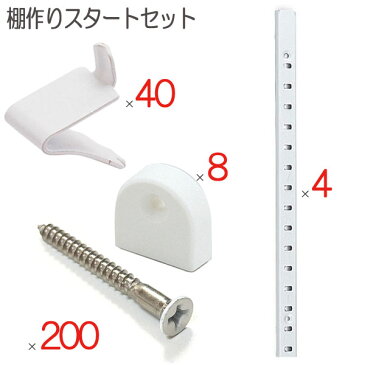 棚柱 棚受け 取付ビス エンドキャップ オール ホワイト 白 ステンレス セット品 棚作りスタートホワイトセット品 棚柱4本 棚受け金具40個 取付ビス200本 エンドキャップ白8個 おしゃれ 棚作り クローゼット 本棚 ガレージ 押し入れ DIY