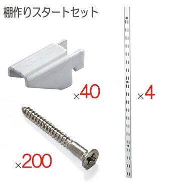 棚柱 棚受け 取付ビス ステンレス 重量用セット品 棚作りスタートセット品 棚柱4本 棚受け金具40個 取付ビス200本 おしゃれ 目盛り付 内装工事 棚作り 木工事 クローゼット 書斎 本棚 シンプル ガレージ 押し入れ DIY