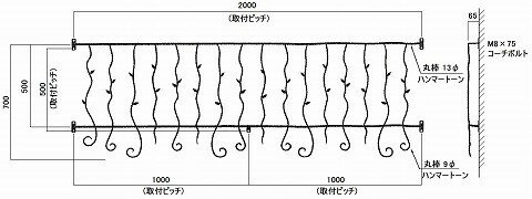 【スーパーSALE特価】 窓格子 面格子 ロートアイアン面格子（幅2000mm) オリジナル アイアン壁飾り 窓手すり エクステリア 防犯