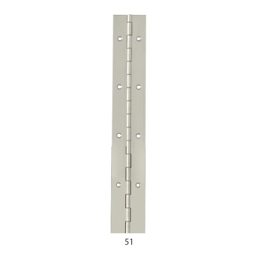 ■材質：SUS304 ■仕上げ：磨き ■サイズ：L2400×W51×t1.5×A37.5×B29×C7×D5×芯棒径3.5mm ■穴数：64 ■重量：1815g ■特長： ・ステンレス製の一枚物長丁番です。 ・ステンレス鋼製で、耐食性に優れています。 ・縦使いでも、横使いでも芯棒が抜けにくい構造になっています。 ・長さ300 〜 2400mmまでのものを取り揃えています。 ・主に家具、扉、ピアノ、机等にご使用いただいております。 ・真鍮製で、厚み1.0×幅32×長さ1872mmのものもございます。 ・1枚で扉や蓋等と同寸法の長さにカットしてご使用いただけます。 ・反りが出そうな薄い扉等のご使用に効果的です。 ■ご注意： ・表記以外の長さは、お問い合わせください。 ・カットして使いたい場合は、お問い合わせください。 ・ビスは付属しておりません。 ・産業機器向けの丁番をご希望の際はお問い合わせください。 ・納期:ご確認ください。 (sug-cd: 319-659)類似商品はこちらSUS一枚物長丁番 YT-54 1.5×51×21,045円SUS一枚物長丁番 YT-54 1.5×51×21,045円SUS一枚物長丁番 YT-54 2.0×70×46,290円SUS一枚物長丁番 YT-58 2.0×70×44,180円SUS角丁番 薄口 51451円SUS　面付旗丁番用 リングのみ 36円SUS角丁番 薄口 102884円SUS角丁番 薄口 89740円SUS角丁番 薄口 76613円新着商品はこちら2026/10/20安心クッションはさみこみ型 コーナー用 AC-546円2026/10/19安心クッション みつあし AC-209 イエロ529円2026/10/19安心クッション みつあし AC-213 ブラッ529円