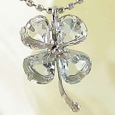 カラーストーン 天然石 ネックレス アクアマリン 3月誕生石 ペンダント トップ ホワイトゴールドクローバー 四葉 パワーストーン ポイント消化 チェーン 品質...