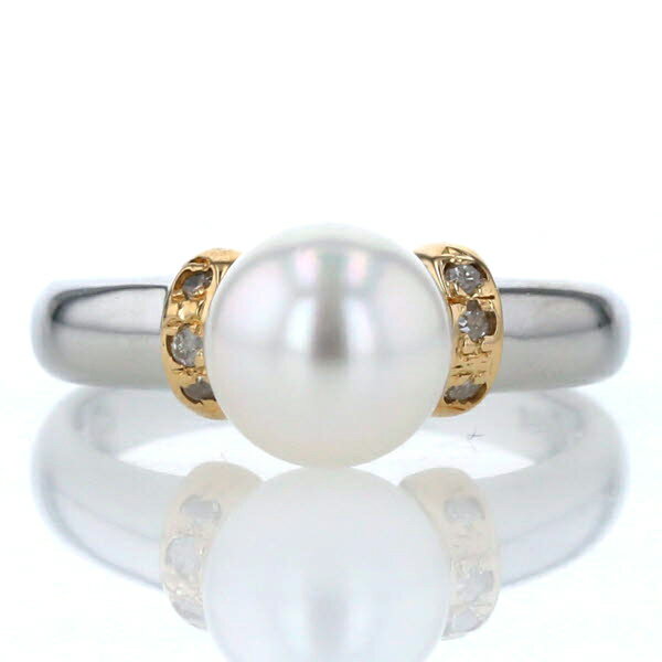 値下げ Pt900 K18YG プラチナ イエローゴールド リング 真珠 パール 7.4mm ダイヤモンド 大粒 サイドストーン デザイン 指輪 9号【新品仕上済】【el】【中古】【送料無料】
