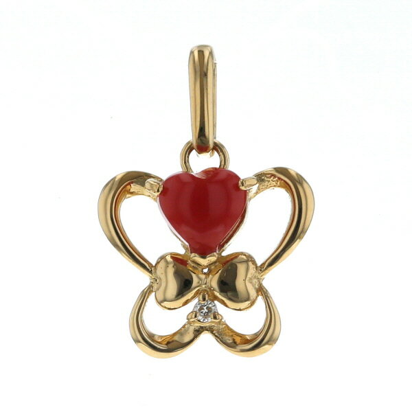 K18YG イエローゴールド ネックレストップ サンゴ 珊瑚 ダイヤモンド バタフライ ハート 蝶 アニマル【新品仕上済】【zz】【中古】【送料無料】