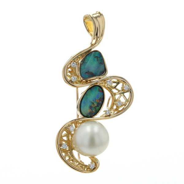 K18YG イエローゴールド ブローチ トップ ボルダーオパール 4.58ct ダイヤ 0.21ct 南洋真珠 12.2mm パール ウェーブ レース【新品仕上済】【zz】【中古】【送料無料】