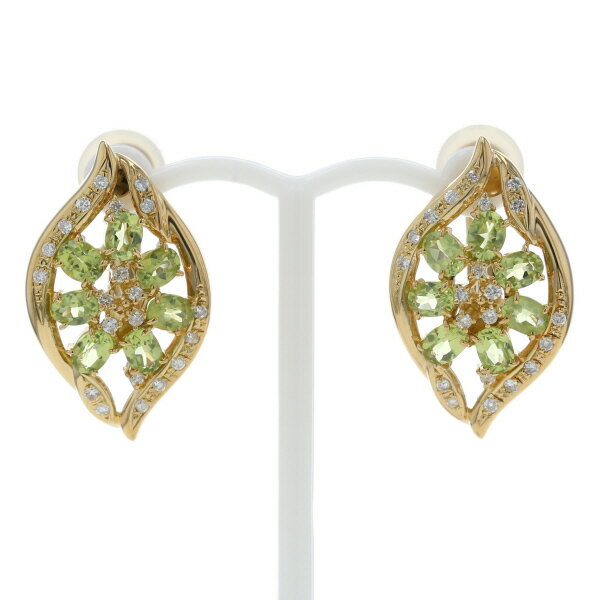 K18YG イエローゴールド イヤリング ネジバネ式 ペリドット ダイヤモンド 0.19ct/0.19ct リーフモチーフ【新品仕上済】【zz】【中古】【送料無...