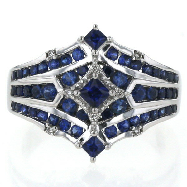 K18WG リング サファイア 1.28ct ダイヤモンド 0.05ct スクエア ラウンド 幅広 幾何学 指輪 13号【新品仕上済】【zz】【中古】【送料無料】