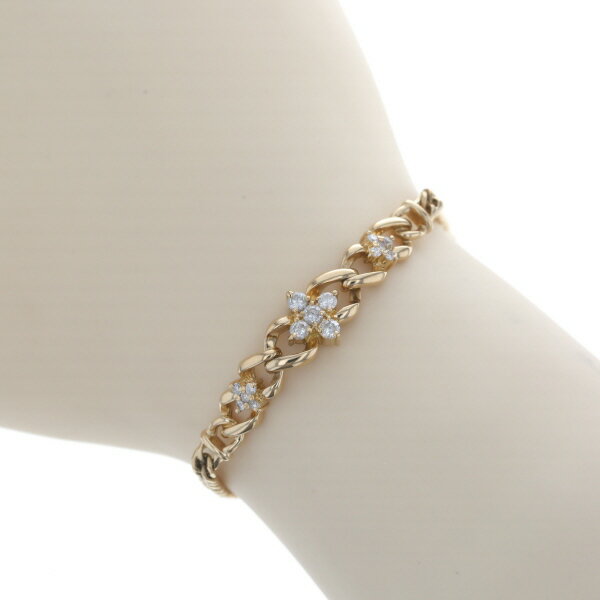 K18YG イエローゴールド ブレスレット ダイヤモンド 0.35ct フラワー 6面ダブル 喜平チェーン 18cm【新品仕上済】【zz】【中古】【送料無料】