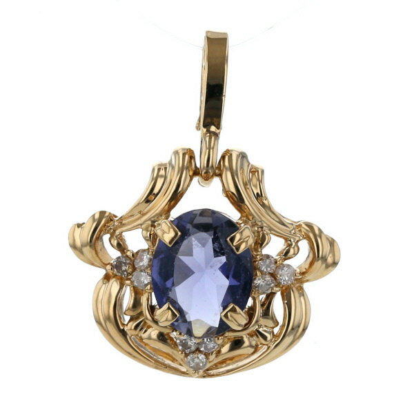 K18YG イエローゴールド ネックレストップ アイオライト ダイヤモンド 0.13ct オーバル 透かし デザイン【新品仕上済】【zz】【中古】【送料無料】