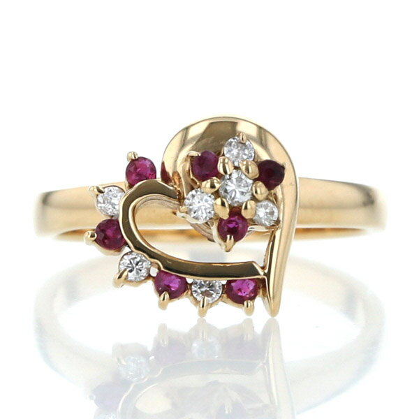 K18YG イエローゴールド リング ダイヤモンド 0.16ct ルビー 0.14ct オープンハート 回転 指輪 11.5号【新品仕上済】【af】【中古】【送料無料】