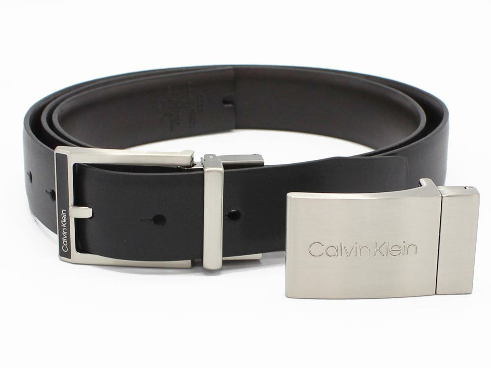 ■■■　訳あり特価商品　■■■　#236　Calvin Klein　　≪カルバンクライン≫　　2バックル レザーベルト　11CK020008　牛革レザー　ブラック　ベルトセット　※※ 掲載画像の通りベルト帯に皺がございます。