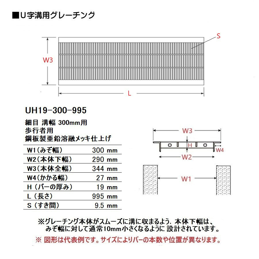 U字溝用 グレーチング 溝蓋 ( みぞぶた ) UH19-300-995 細目 溝幅 300mm 用 歩行者...