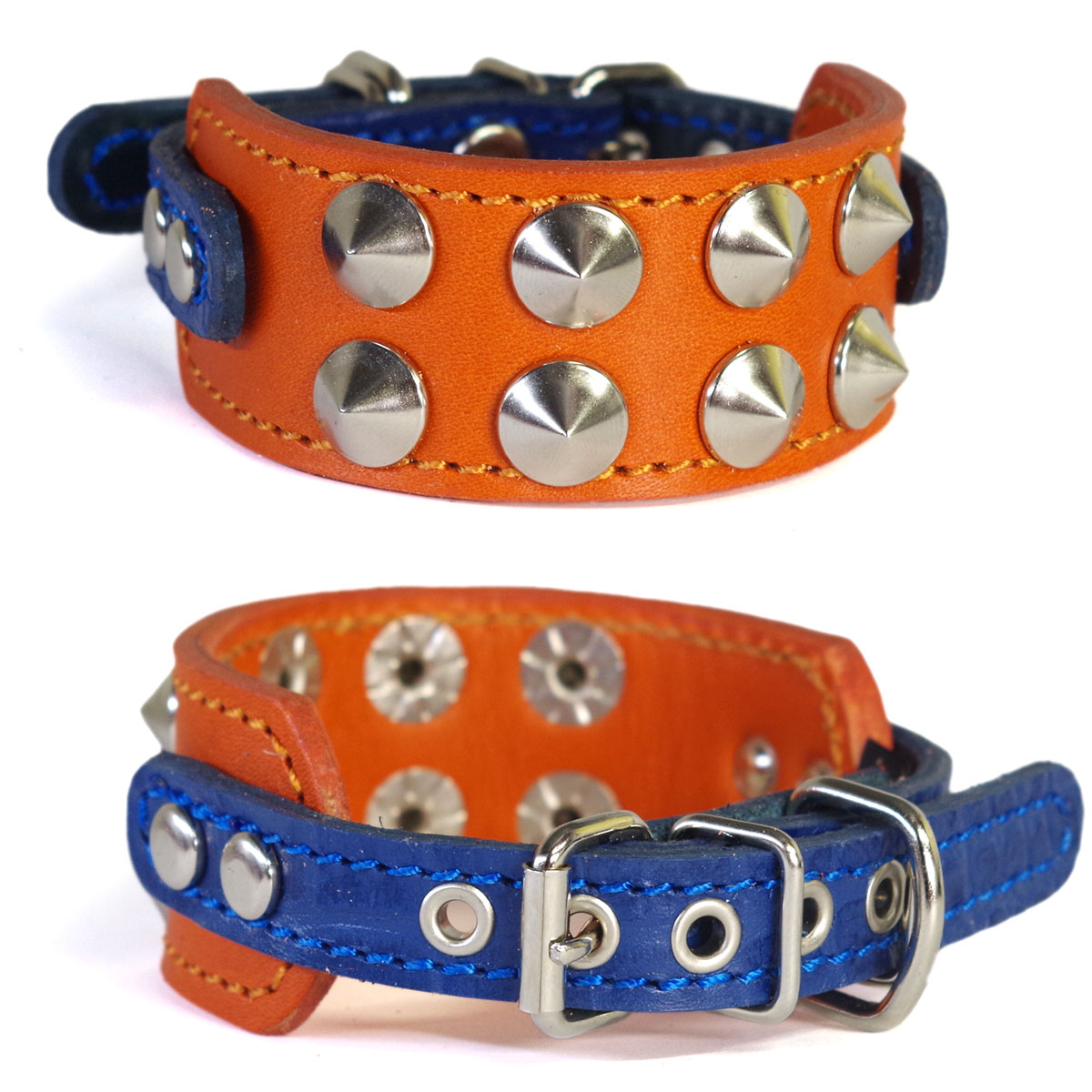 イタグレミニピン用スタッズ革首輪：Small Type GF2-X2 (オレンジ+クロコネルソンブルー)