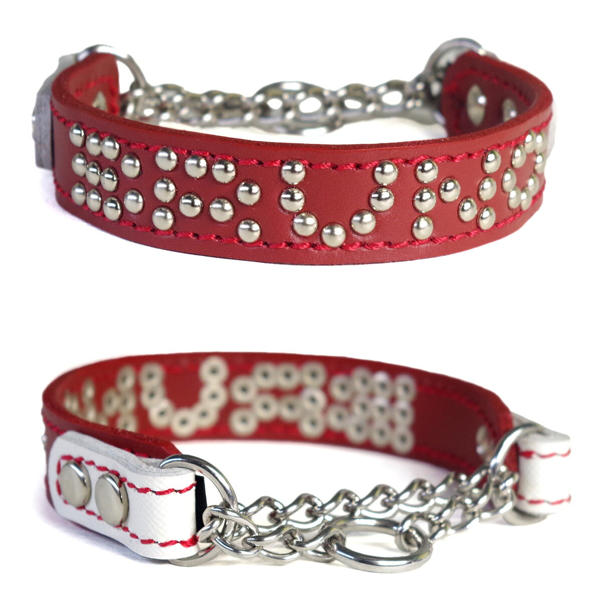 Leather （Small Dogs） - 2cm幅 革ハーフチョーク：Small Type チョーカーGF-NAME 赤＋型押し白