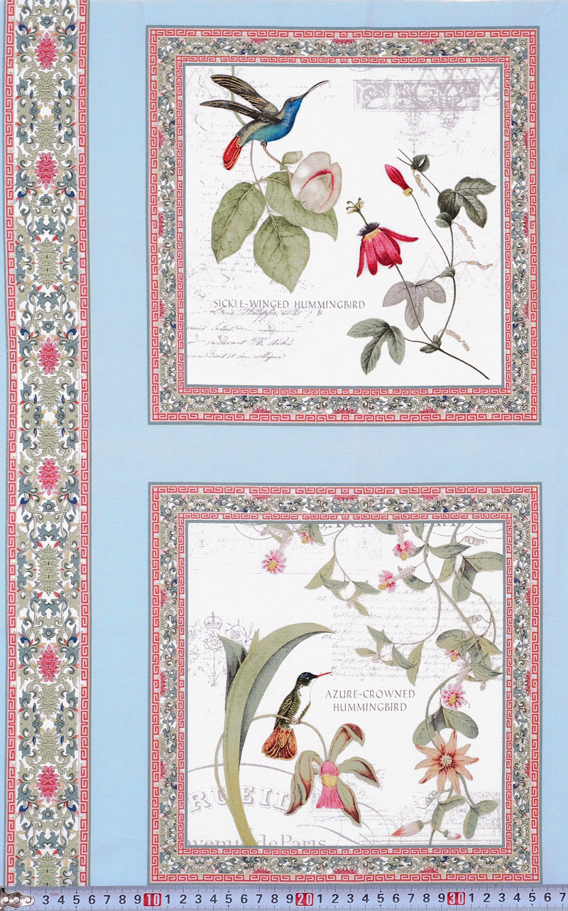 ハチドリと花 金ラメ・水色/パネル 110*58 ES-4483 未完成品 コットンプリント生地