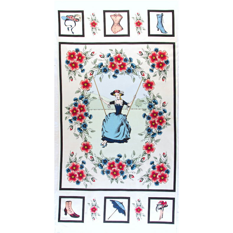 個性的で抽象的なブランコがモチーフのパネル柄 ブランコに乗るレディとお花 パネル 58*110 KT-4249 未..