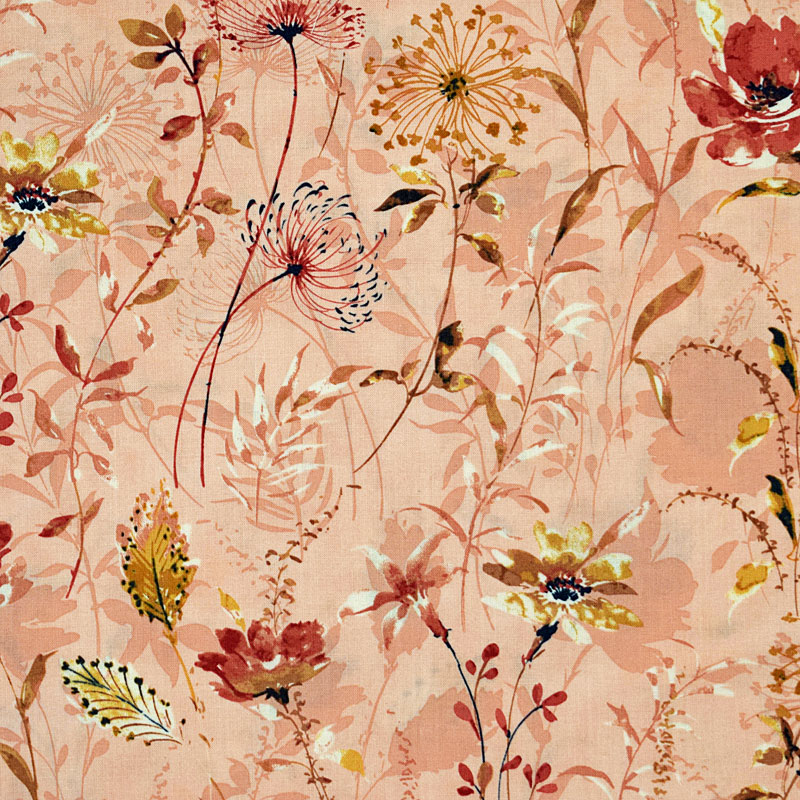 インポートの可愛い花柄 サンダルウッドの花や色々な花 サーモン・ピンク MO4901 コットンプリント生地