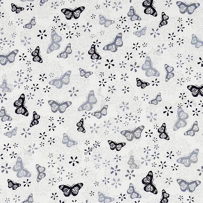 蝶々とお花 トス/ブラック/グレー/ホワイト/モノトーン DT-2175 コットンプリント生地