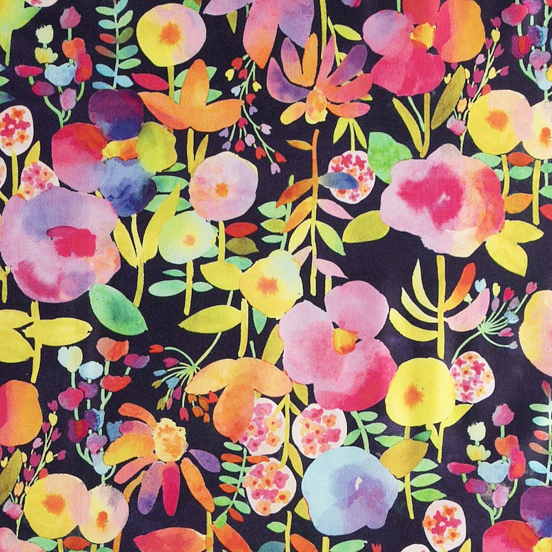 カラフルなお花 デジタル/濃紫 MO-4751 コットンプリント生地