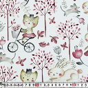 インポートの可愛いネコとうさぎたち 自転車のネコ、ウサギ、お花、小鳥 シーニック ホワイト 110*95 3W-3869s コットンプリント生地