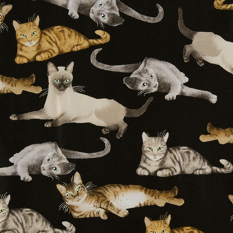 TT-4404 寝転んだネコたち ブラック 寝転んだ色々な種類のネコ。色々なポーズが可愛さをよりアップしています。ブラックCAT-C5751 BLACK Timeless Treasures Fabrics of SoHo,LLC. &copy; ALL RIGHTS RESERVED, PATT#CAT-C 5751 綿100%、平織り、シーティング、ブロード 1単位は巾55cm(生地巾半分)×50cmです。 2単位以上は生地巾110cmでカットいたします。 2単位　巾110cm×50cm 3単位　巾110cm×75cm 4単位　巾110cm×100cm 以降は1単位毎に25cmずつ 1単位では価格が700円になります。 1m(4単位)では価格が2800になります。 3枚目の画像が1単位です。 1単位分の重さは約48gです。(生地の厚さの参考にしてください。)TT-4404 寝転んだネコたち ブラック