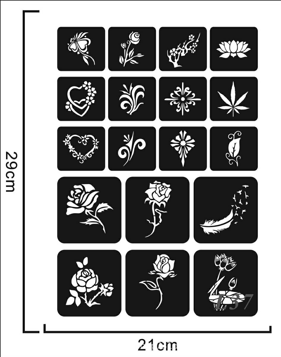 ステンシルシート シール ヘナタトゥー グリッタータトゥー用 複数デザインa4l37 ノーパッケージ