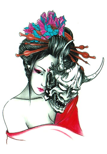 タトゥーシール 美女 花 古風 お面 hb476【中型・A5】 タトゥーシール 美女 花 古風 お面 hb476【中型・A5】