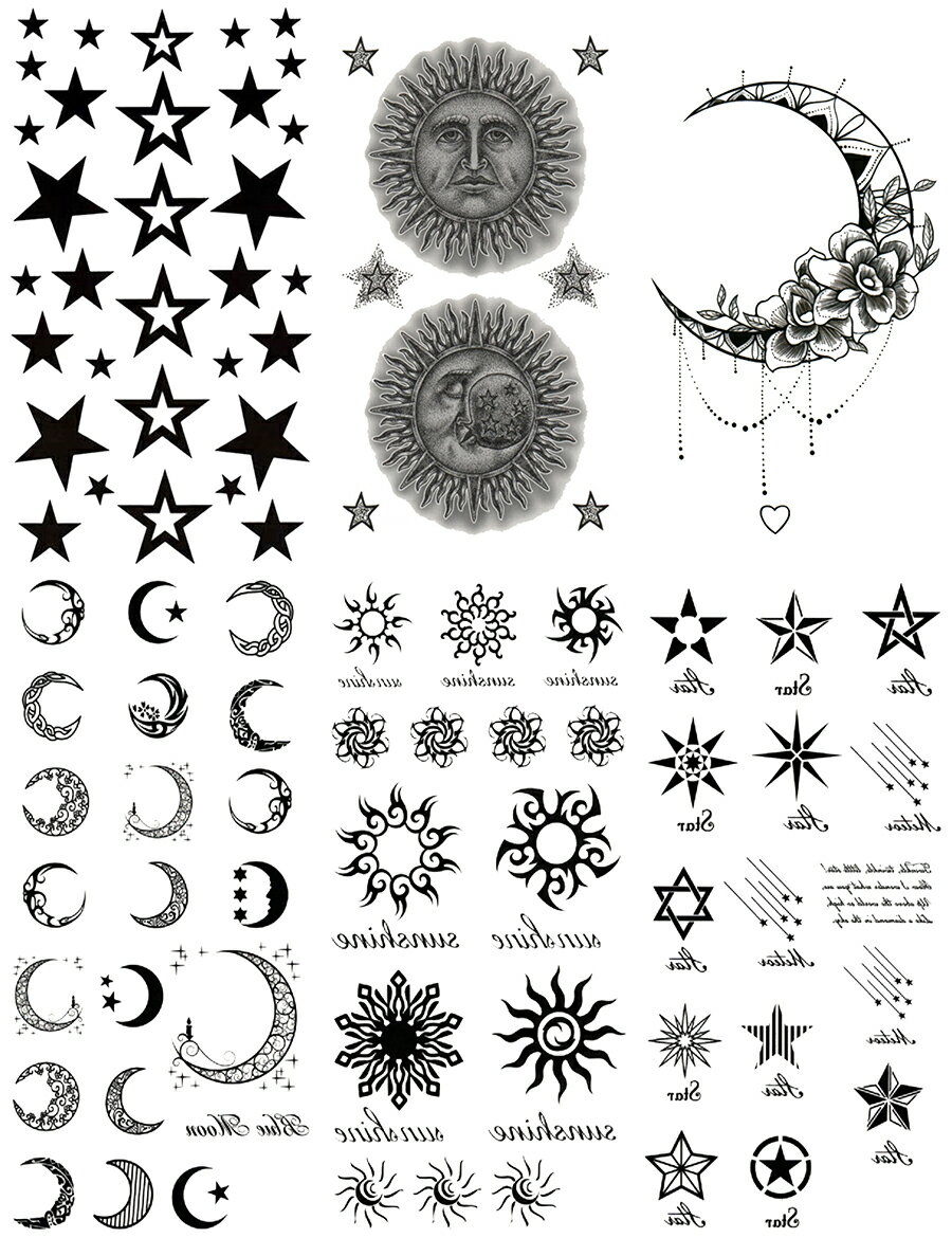 タトゥーシール 星 月 太陽 トライバル ［通常サイズ・6種6枚+2枚］ hm6013