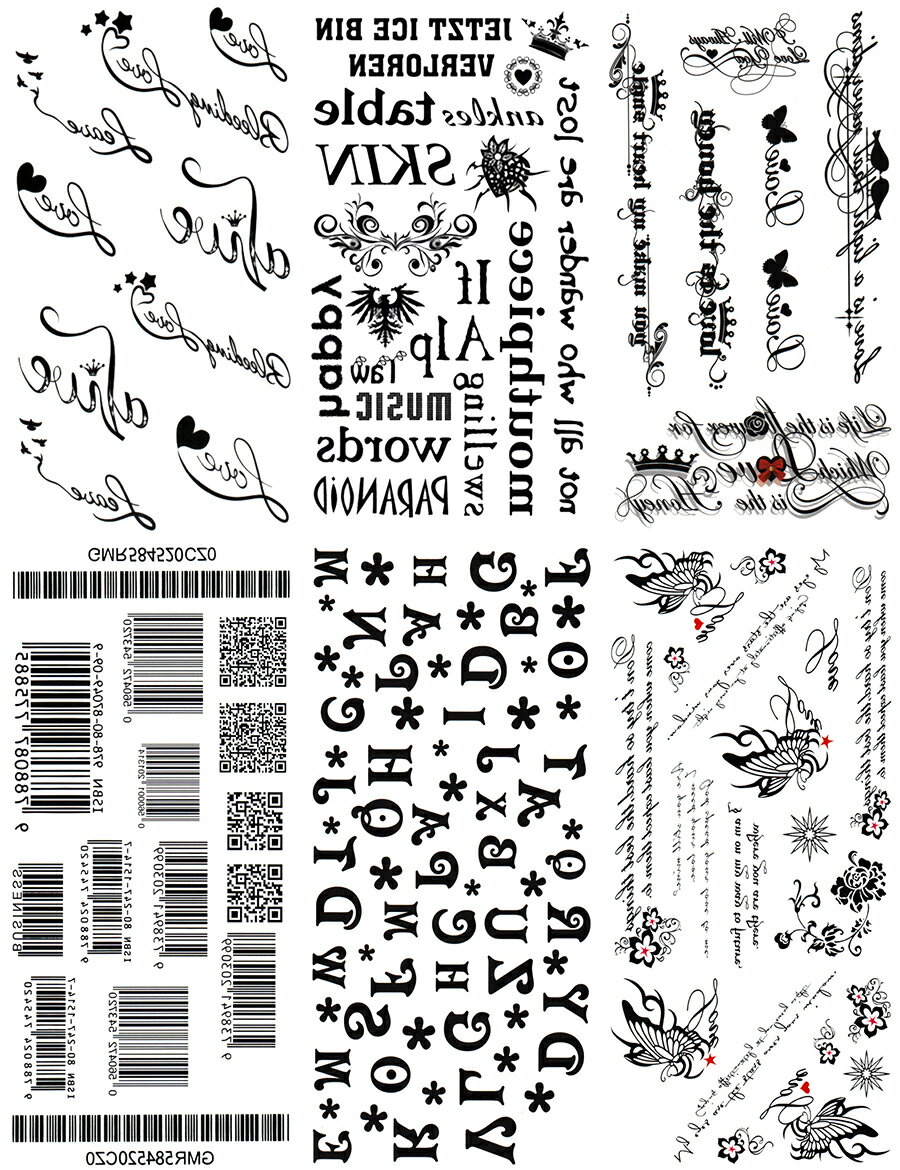 タトゥーシール 英文字 バーコード ［6種6枚セット+2枚］set229