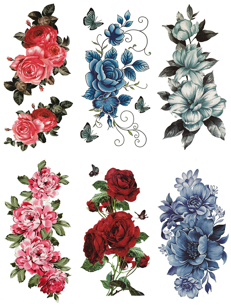 タトゥーシール 薔薇 花 バラ 蝶 【6種6枚セット+1枚】 ymx6004