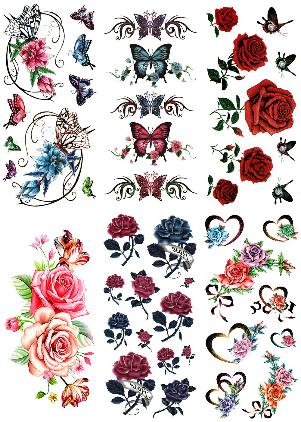 タトゥーシール 薔薇 花 バラ 蝶 【6種6枚セット+1枚】 ymx6007