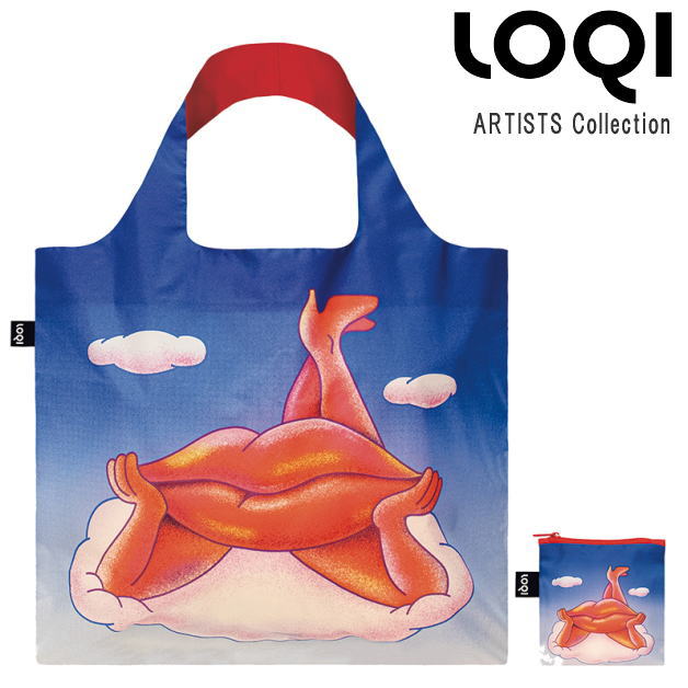 ローキー エコバッグ ローキーエコバッグ　ARTISTS Collection　YUVAL HAKER Lippy Lips Recycled Bag　ユヴァル　ベイカー リッピ―　リップス　リサイクルバッグ　ブルー　唇　クチビル　表裏　折りたたみポーチ付き　YH.LL　プレゼント　ローキー　LOQI　メール便可