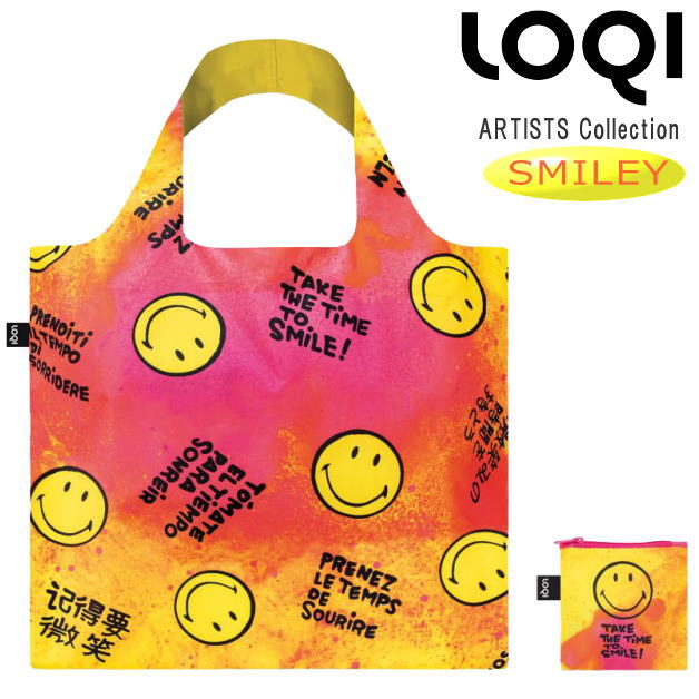 ローキーエコバッグ　ARTISTS Collection　SMILEY　Time to Smile Collectors Edition　スマイリー　ジオメトリック　リサイクルバッグ　スマイル　折りたたみポーチ付き　アーティストコレクション　SM.TS　再生ナイロン 　プレゼント　ローキー　LOQI　メール便可