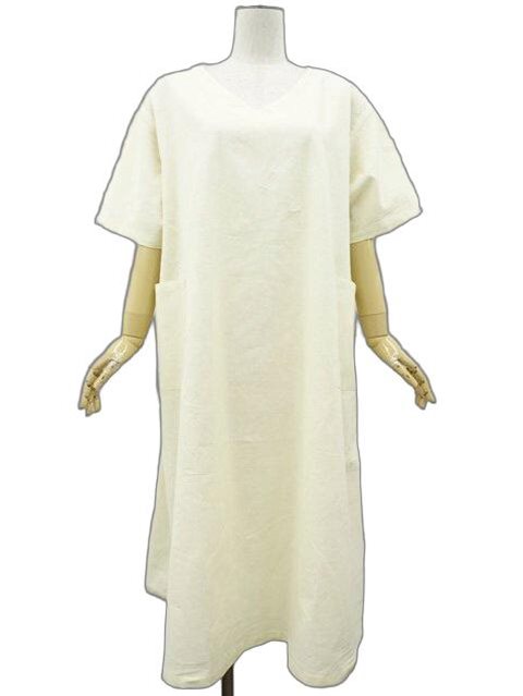 訳あり未使用品 iminoaru ロング丈 五分袖 Vネック ワンピース M アイボリー 【中古】