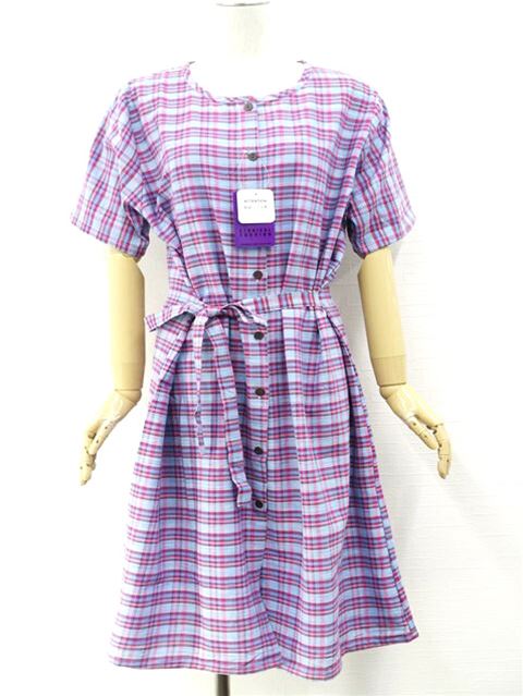 訳あり未使用品 Siantz ロング丈 半袖 ワンピース M-L ライトブルー地 グレー ピンク チェック柄 【中古】