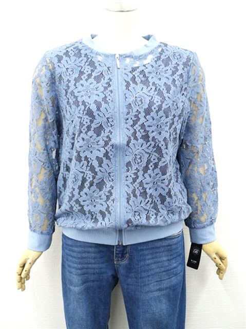 新品タグ付 ビーライン B-LINE 長袖 洗えるレースブルゾン M-L ブルー系 花柄 【中古】