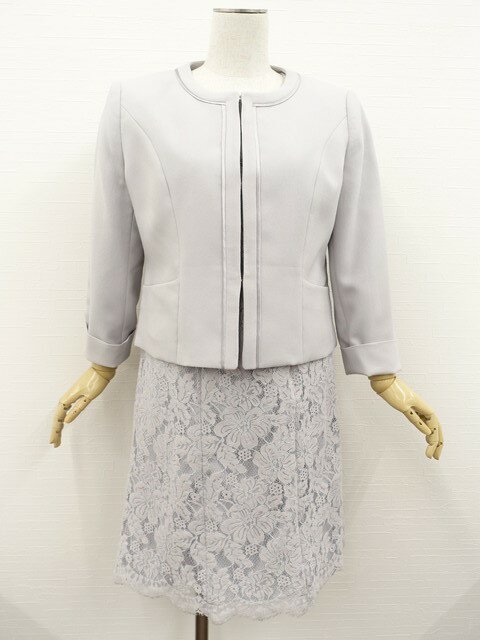 美品 REINE PORTE 長袖 ノーカラージャケット+ひざ丈 フリルスリーブ 七分袖 ラウンドネック レースワンピース フォーマル2点セット 9AR ライト...