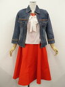 美品 Le souk&Cepo&orivia&UNIQLO 洗える長袖デニムジャケット+長袖ブラウス+レースキャミソール+ロング丈フレアスカート コーディネート上下4点セット M相当 インディゴブルー オレンジ/ホワイト/オレンジ/オレンジ ボーダー柄 きれいめ・カジュアル 【中古】