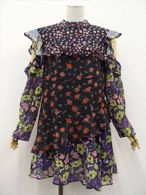 大きいサイズ 訳あり未使用品 アザブロ Azbro 洗える ひざ丈 長袖 スタンドカラー シフォンワンピース XXL ブラック地 オレンジ 花柄&ブラック地 ピ...