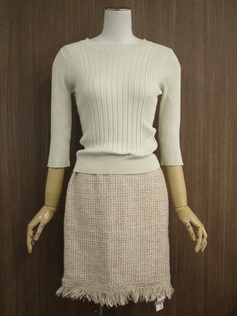 美品 REDYAZEL&NATURAL BEAUTY BASIC 七分袖ニットカットソー+ミニ丈ツイードタイトスカート コーディネート上下2点セット M相当 ベ...