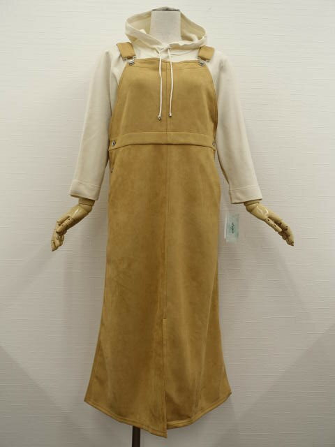 美品 style RAVIE LAND等 マキシ丈サロペットスカート+九分袖プルオーバーパーカー コーディネート2点セット M相当 キャメル/アイボリー ブラッ...