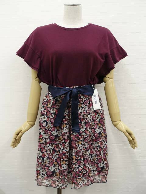 美品 any FAM&BELLE MAISON 洗える半袖カットソー+ひざ丈シフォンタックフレアスカート コーディネート上下2点セット M相当 パープル/ネイビ...