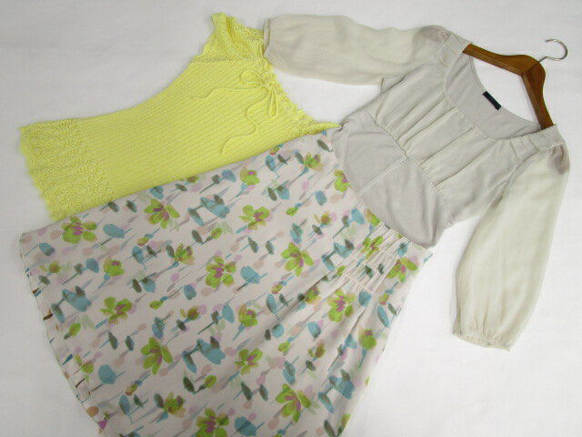 美品 h bis&Caroll&KETTY 七分袖カットソー+半袖ニットカットソー+ひざ丈シフォンフレアスカート コーディネート上下3点セット M相当 グレージ...