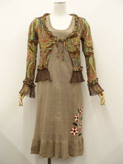 美品 clear&SONIARYKIEL 長袖シフォンカーディガン+ロング丈ニットノースリーブワンピース コーディネート2点セット M相当 ブラウン地 イエロー...