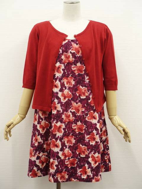 美品 Karl Park Lane&UNIQLO 洗える七分袖ニットカーディガン+ひざ丈ノースリーブワンピース コーディネート2点セット M相当 レッド/パープ...