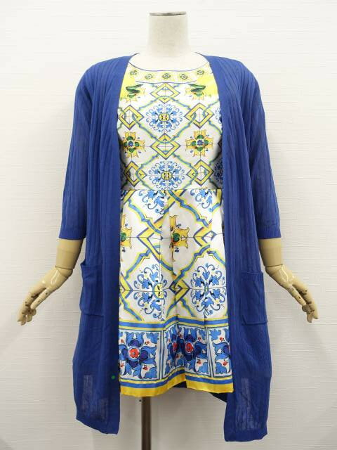 美品 GLACIER等 洗える七分袖ニットトッパーカーディガン+ひざ丈ノースリーブワンピース コーディネート2点セット M相当 ブルー/ホワイト地 ブルー イエ...