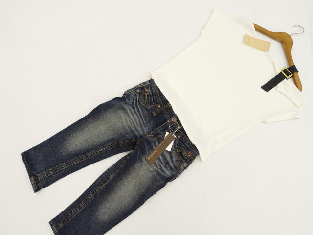 新品タグ付 JOLFRAISE&cornFlake 洗える半袖ニットカットソー+デニムクロップドパンツ コーディネート..