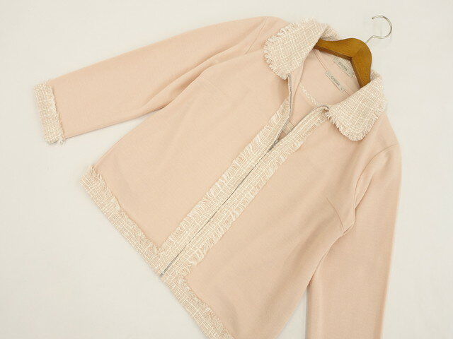 美品 ジボール GIVORS 洗える長袖ツィード＆ニットジャケット+半袖ツィード＆ニットカットソー アンサンブル2点セット L ピンク ホワイト 【中古】